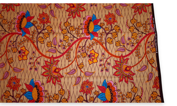 Afrikanischer Print Stoff - Beige und Orange Botanical Flow - 100% Baumwolle