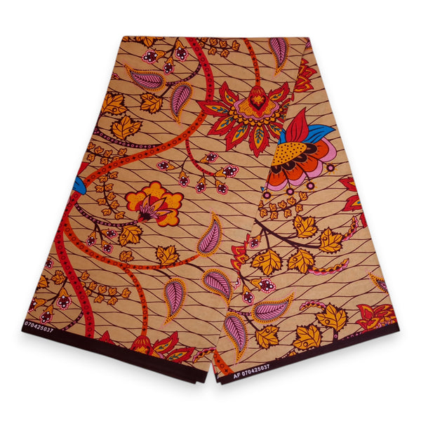 Afrikanischer Print Stoff - Beige und Orange Botanical Flow - 100% Baumwolle