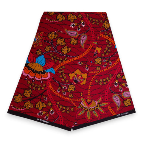 Afrikanischer Print Stoff - Dunkelrot und Gelb Botanical Flow - 100% Baumwolle