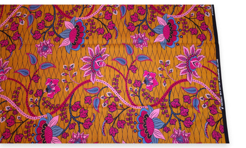 Afrikanischer Print Stoff - Senfgelb und Rosa Botanical Flow - 100% Baumwolle
