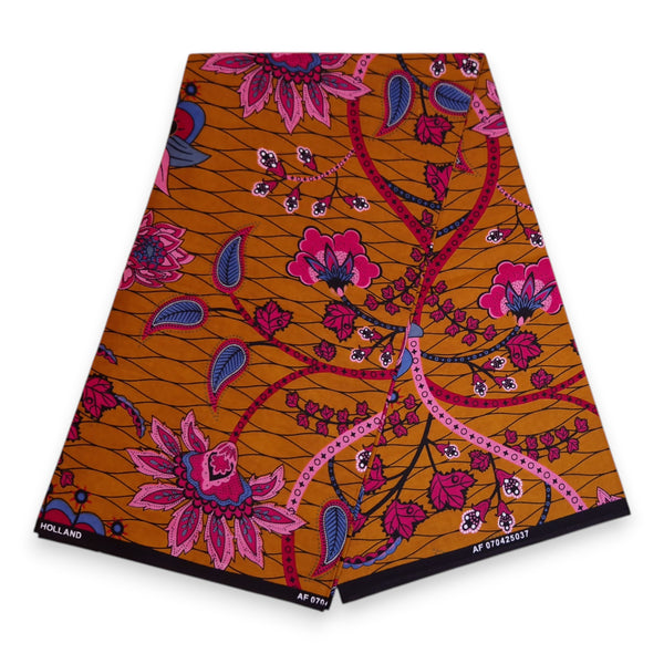 Afrikanischer Print Stoff - Senfgelb und Rosa Botanical Flow - 100% Baumwolle