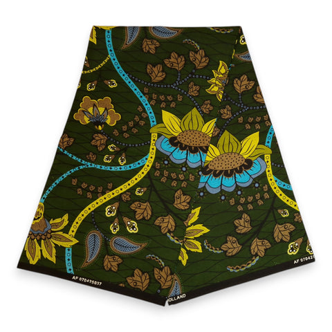 Afrikanischer Print Stoff - Dunkelgrün und Gelb Botanical Flow - 100% Baumwolle