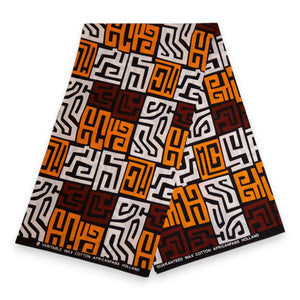 Afrikanischer Print Stoff - Braun und Gelb-Orange Kuba Blocks Congo - 100% Baumwolle