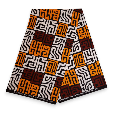 Afrikanischer Print Stoff - Braun und Gelb-Orange Kuba Blocks Congo - 100% Baumwolle