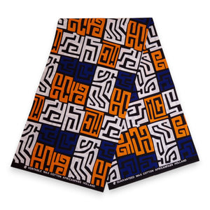 Afrikanischer Print Stoff - Blau und Gelb-Orange Kuba Blocks Congo - 100% Baumwolle