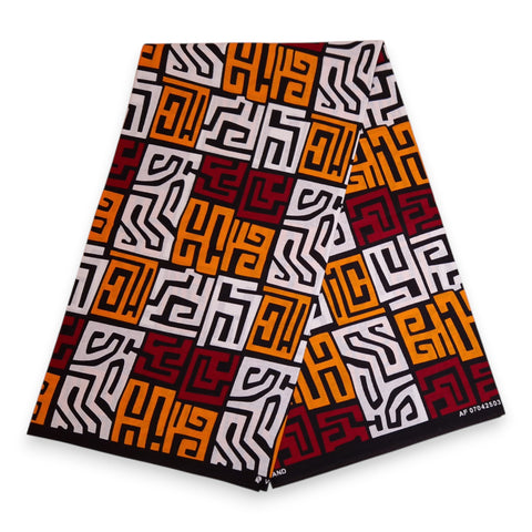 Afrikanischer Print Stoff - Kastanienrot und Gelb-Orange Kuba Blocks Congo - 100% Baumwolle