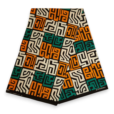 Afrikanischer Print Stoff - Petrol und Gelb-Orange Kuba Blocks Congo - 100% Baumwolle