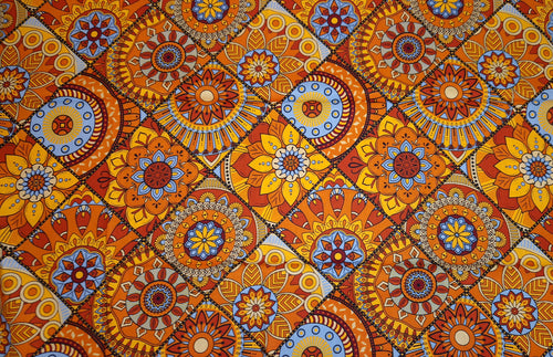 Afrikanischer Print Stoff - Orange und Hellblau Mandala Patchwork - 100% Baumwolle