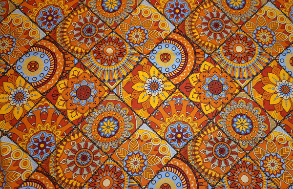 Afrikanischer Print Stoff - Orange und Hellblau Mandala Patchwork - 100% Baumwolle