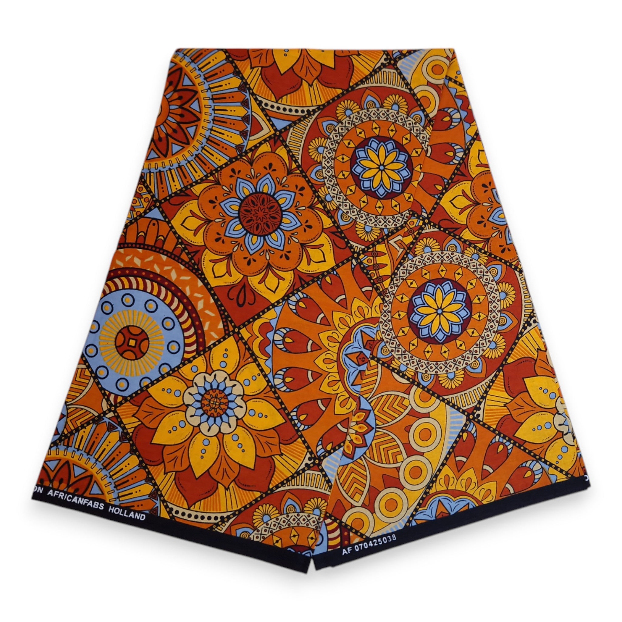 Afrikanischer Print Stoff - Orange und Hellblau Mandala Patchwork - 100% Baumwolle