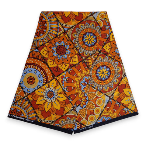Afrikanischer Print Stoff - Orange und Hellblau Mandala Patchwork - 100% Baumwolle