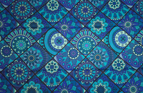 Afrikanischer Print Stoff - Blau und Türkis Mandala Patchwork - 100% Baumwolle
