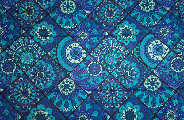 Afrikanischer Print Stoff - Blau und Türkis Mandala Patchwork - 100% Baumwolle