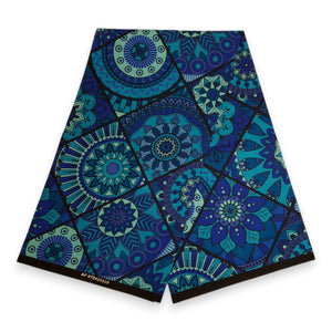 Afrikanischer Print Stoff - Blau und Türkis Mandala Patchwork - 100% Baumwolle