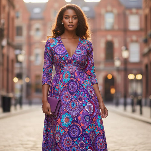 Afrikanischer Print Stoff - Lila und Hellblau Mandala Patchwork - 100% Baumwolle