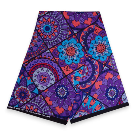 Afrikanischer Print Stoff - Lila und Hellblau Mandala Patchwork - 100% Baumwolle