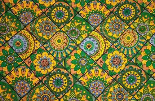 Afrikanischer Print Stoff - Grün und Gelb Mandala Patchwork - 100% Baumwolle