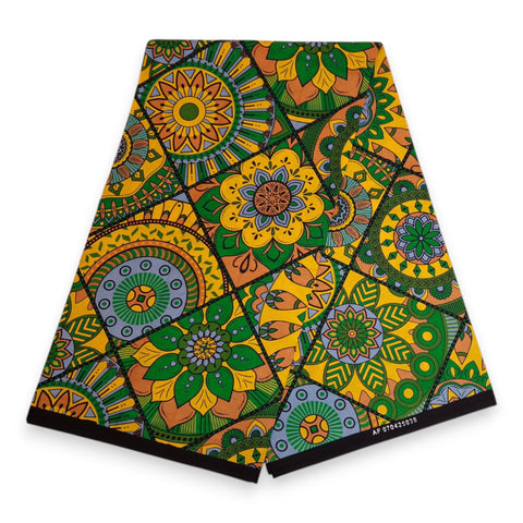 Afrikanischer Print Stoff - Grün und Gelb Mandala Patchwork - 100% Baumwolle
