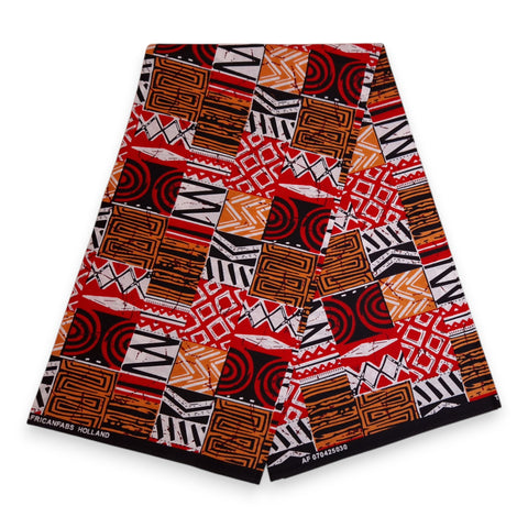 Afrikanischer Print Stoff - Rot Bogolan Mosaic - 100% Baumwolle