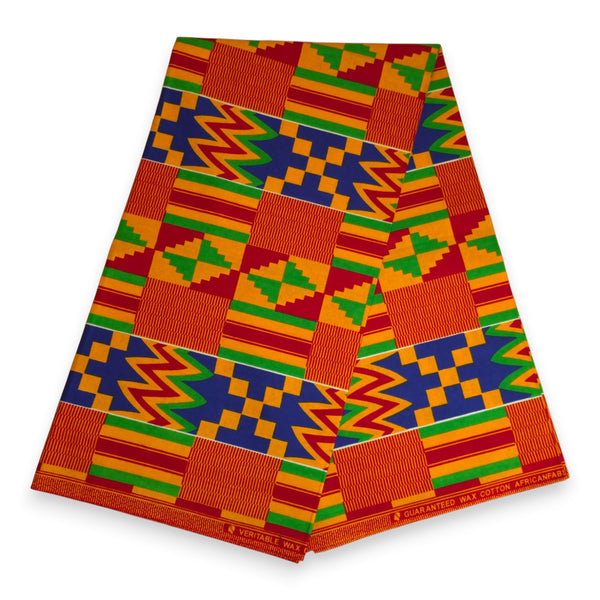 African Wax print fabric - Yellow Blue Kente Print Ghana - 100% cotton