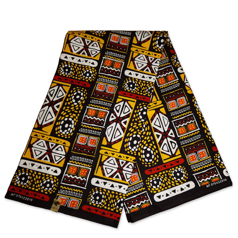 Afrikanischer Print Stoff - Rot Gelb Bogolan / Mud cloth