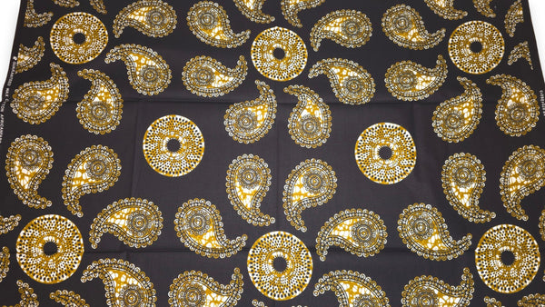 Afrikanischer Wax Print Stoff - Schwarz Olivgrün Paisley Sun - 100% Baumwolle