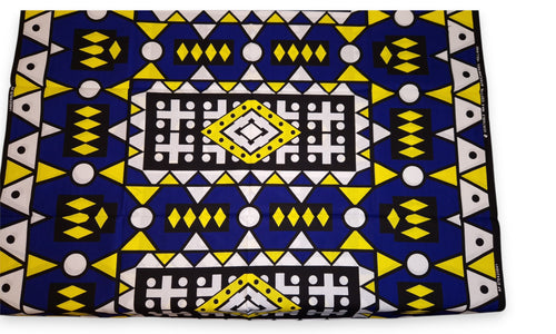 Afrikanischer Print Stoff - Blau Gelb Samakaka / Samacaca (Angola) - 100% Baumwolle