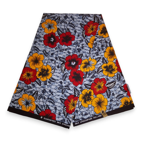 Afrikanischer Print Stoff - Hellgrau Flowers - 100% Baumwolle