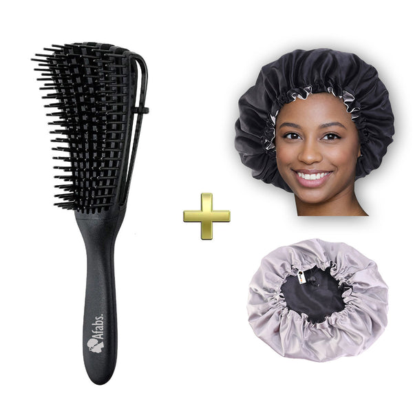 Afabs® Schwarze Anti-Tangle Haarbürste + Schwarze Satin Bonnet | Entwirrungsbürste | Hair bonnet | Kamm für Locken | Lockenhaarbürste