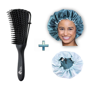 Afabs® Schwarze Anti-Tangle Haarbürste + Grüne Satin Bonnet | Entwirrungsbürste | Hair bonnet | Kamm für Locken | Lockenhaarbürste
