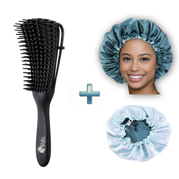 Afabs® Schwarze Anti-Tangle Haarbürste + Grüne Satin Bonnet | Entwirrungsbürste | Hair bonnet | Kamm für Locken | Lockenhaarbürste