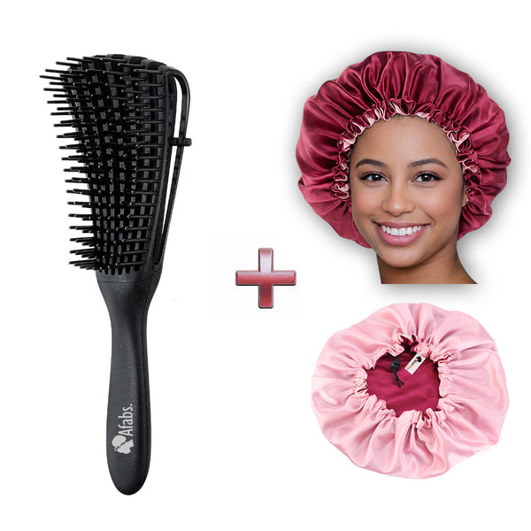 Afabs® Schwarze Anti-Tangle Haarbürste + Rote Satin Bonnet | Entwirrungsbürste | Hair bonnet | Kamm für Locken | Lockenhaarbürste