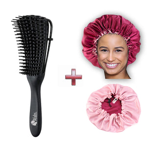 Afabs® Schwarze Anti-Tangle Haarbürste + Rote Satin Bonnet | Entwirrungsbürste | Hair bonnet | Kamm für Locken | Lockenhaarbürste