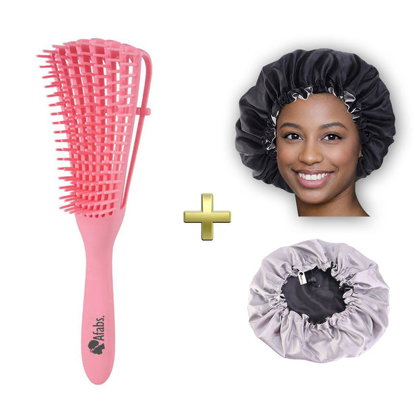 Afabs® Rosa Anti-Tangle Haarbürste + Schwarze Satin Bonnet | Entwirrungsbürste | Hair bonnet | Kamm für Locken | Lockenhaarbürste