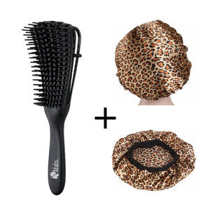 Afabs® Schwarze Anti-Tangle Haarbürste + Panther print Satin Bonnet | Entwirrungsbürste | Hair bonnet | Kamm für Locken | Lockenhaarbürste