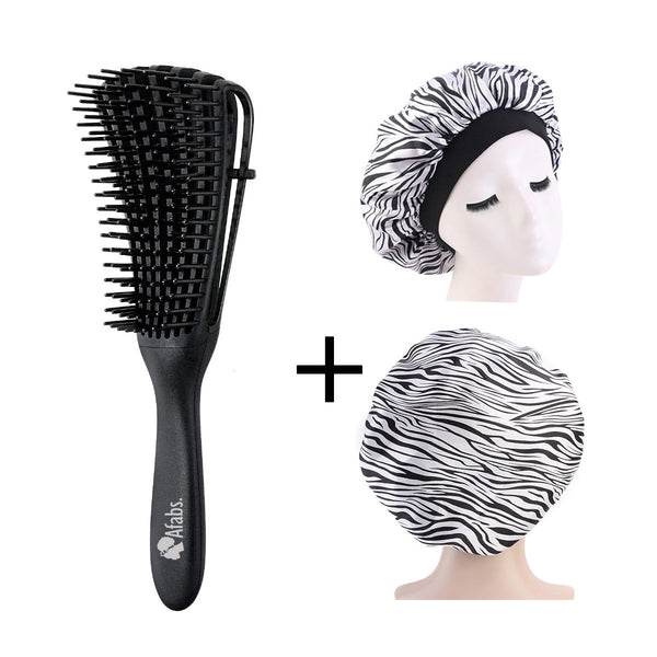 Afabs® Schwarze Anti-Tangle Haarbürste + Satin Bonnet mit weissem Tigerdruck | Entwirrungsbürste | Hair bonnet | Kamm für Locken | Lockenhaarbürste