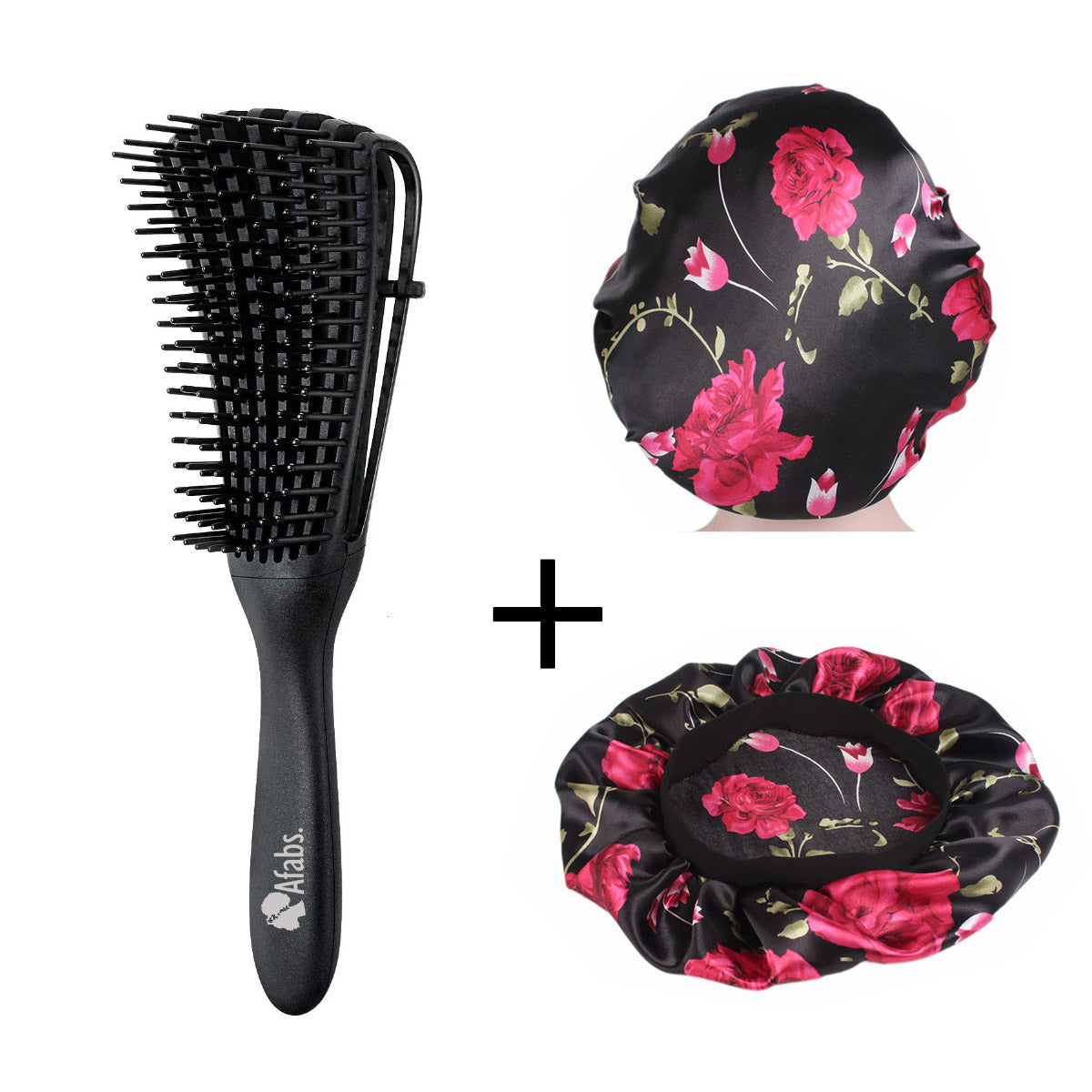 Afabs® Schwarze Anti-Tangle Haarbürste + Schwarze Blumen Satin Bonnet | Entwirrungsbürste | Hair bonnet | Kamm für Locken | Lockenhaarbürste