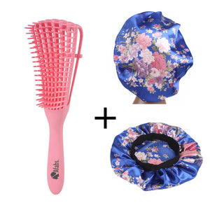 Afabs® Rosa Anti-Tangle Haarbürste + Blaue Blumen Satin Bonnet | Entwirrungsbürste | Hair bonnet | Kamm für Locken | Lockenhaarbürste