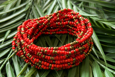 Waist Beads / Afrikanische Taillenkette - EBO - Rot / Gold (elastisch)