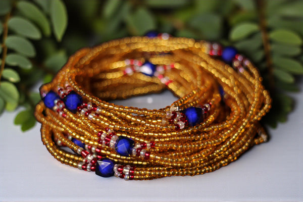 3 in 1 Waist Beads / Afrikanische Taillenkette - IYORE- Blau / Gold (elastisch)