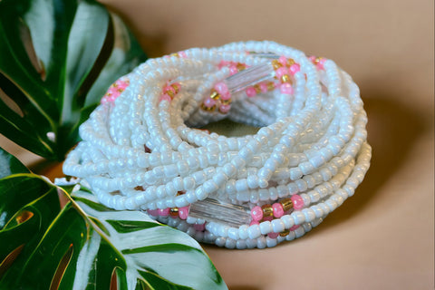 3 in 1 Waist Beads / Afrikanische Taillenkette -  ABEBI - Rosa / Weiß (elastisch)