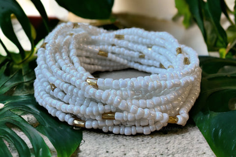 Waist Beads / Afrikanische Taillenkette - DAYO  - Weiß/Gold (elastisch)