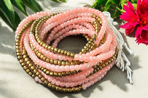 Waist Beads / Afrikanische Taillenkette - Abinéné - Gold / Rosa (Traditionelle nicht elastische Schnur)