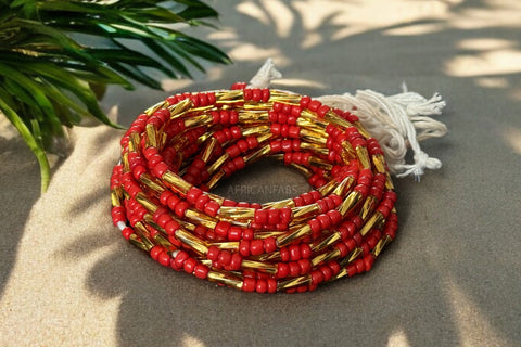 (Wichtig: bitte lesen) Waist Beads / Afrikanische Taillenkette - Rot / Gold (Traditionelle nicht elastische Schnur) 