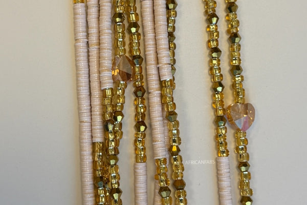 Waist Beads / Afrikanische Taillenkette - Osato - Beige / Gold (Traditionelle nicht elastische Schnur)