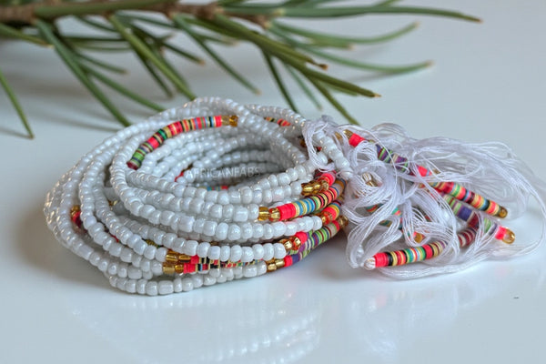 Waist Beads / Afrikanische Taillenkette - Osi - Weiß / Gold (Traditionelle nicht elastische Schnur)
