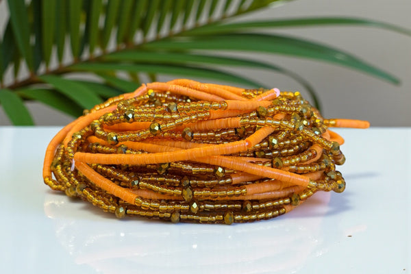 Waist Beads / Afrikanische Taillenkette - Juma - Orange / Gold (Traditionelle nicht elastische Schnur)