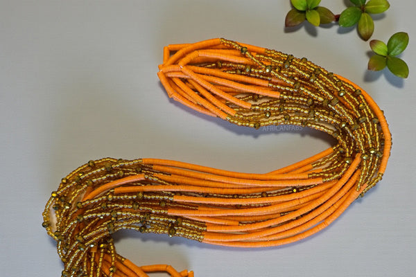 Waist Beads / Afrikanische Taillenkette - Juma - Orange / Gold (Traditionelle nicht elastische Schnur)