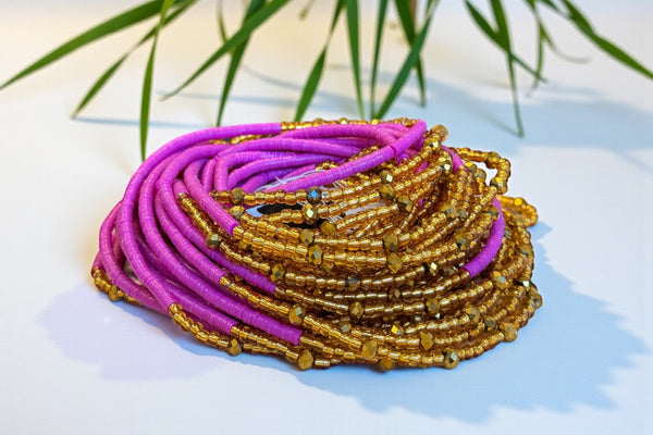 Waist Beads / Afrikanische Taillenkette - Kelso - Lila / Gold (Traditionelle nicht elastische Schnur)