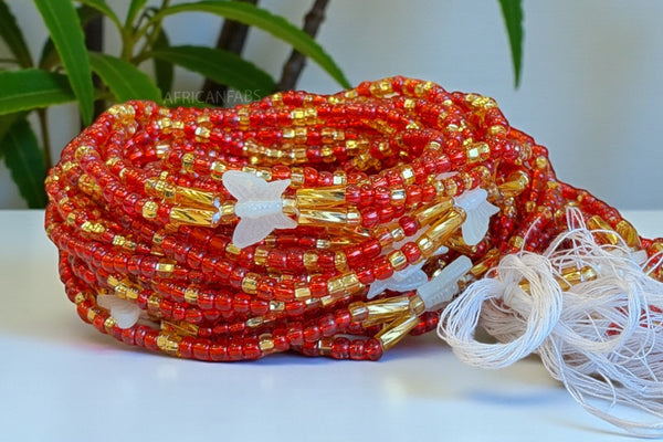 3 in 1 Waist Beads / Afrikanische Taillenkette - Osime - Rot (Traditionelle nicht elastische Schnur)